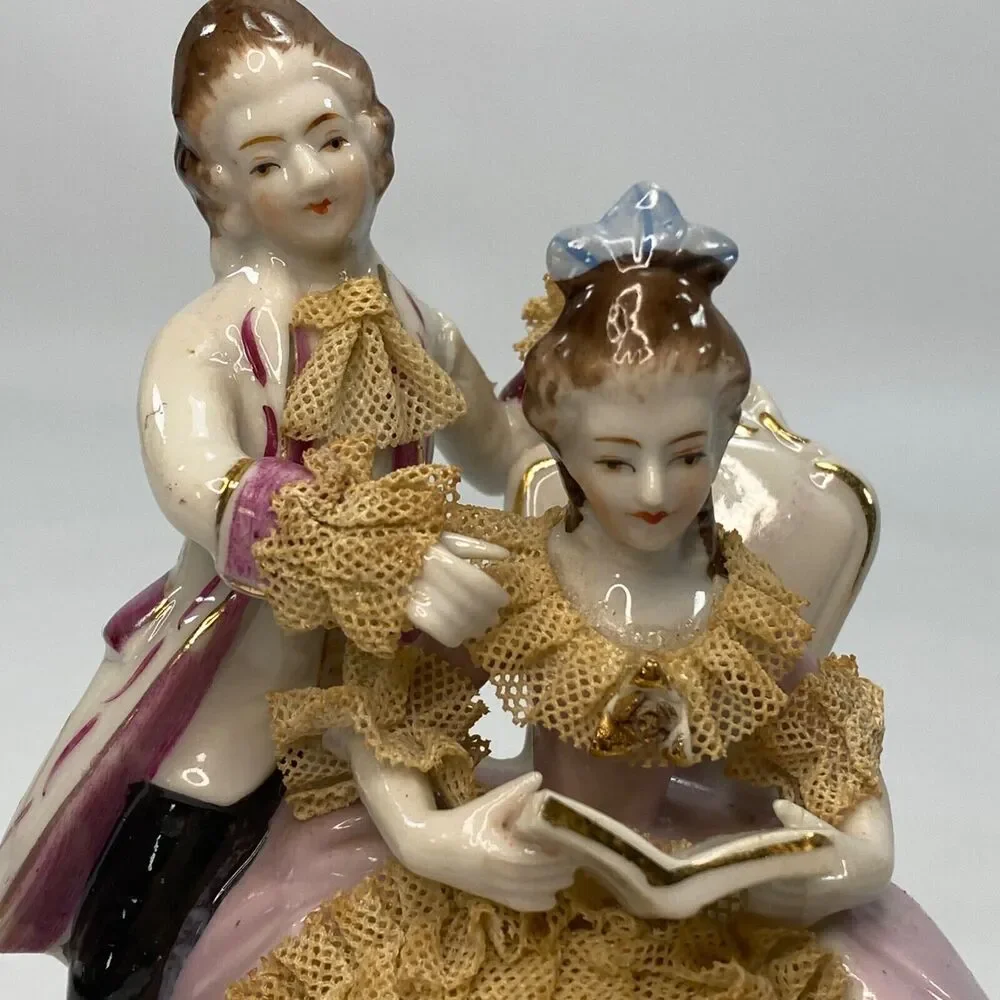 Vintage Lady & GentleMan Porcelain Victorian Figurines Reading Dresden Lace 5
